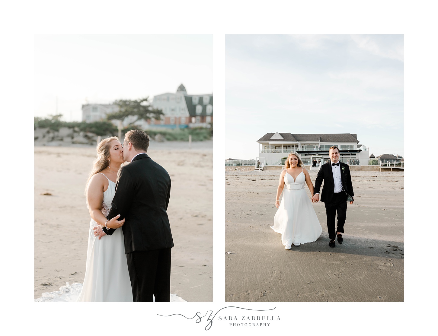 newlyweds kiss on beach at Newport Beach House