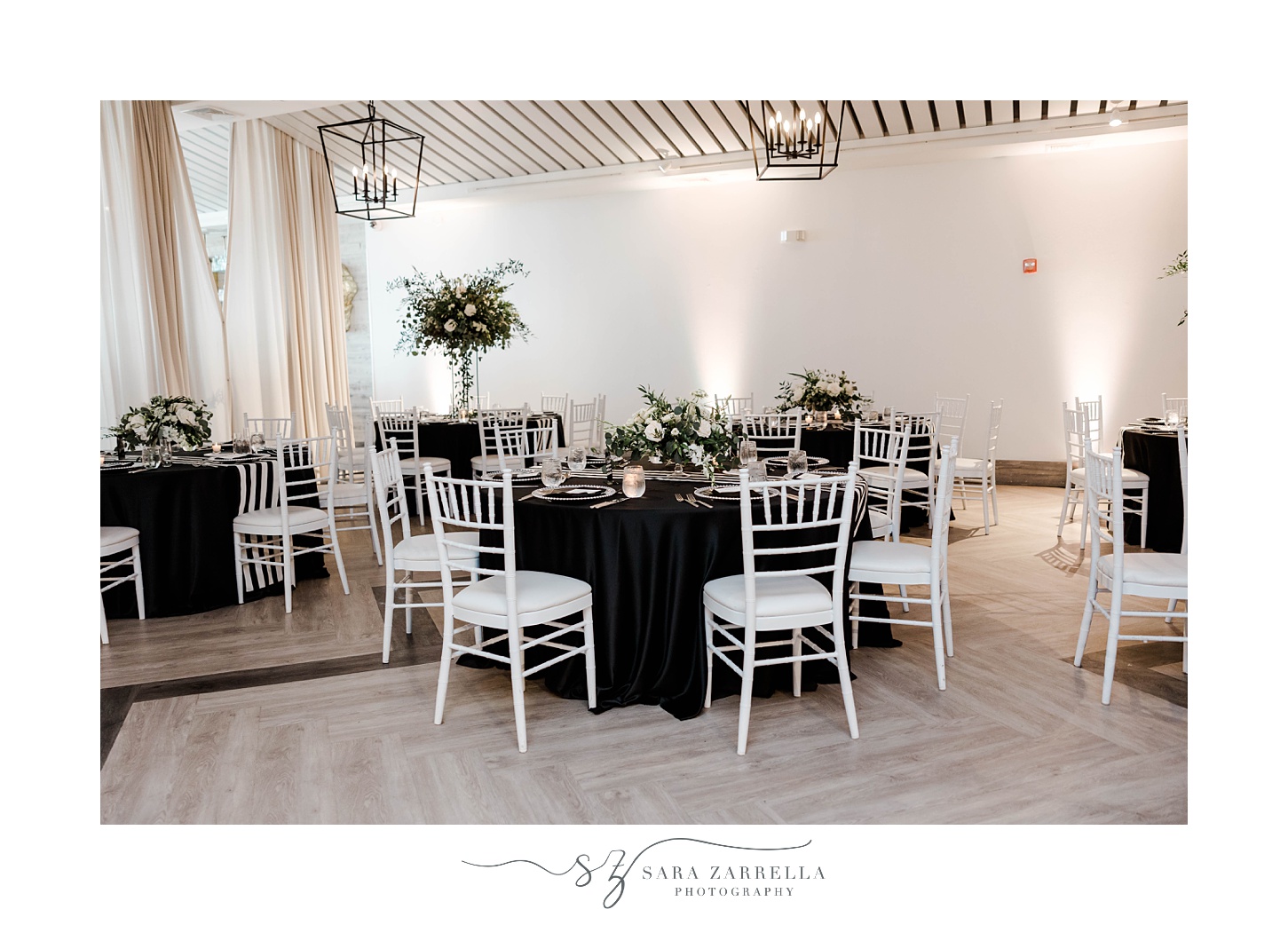 black and white reception decor at Newport Beach House