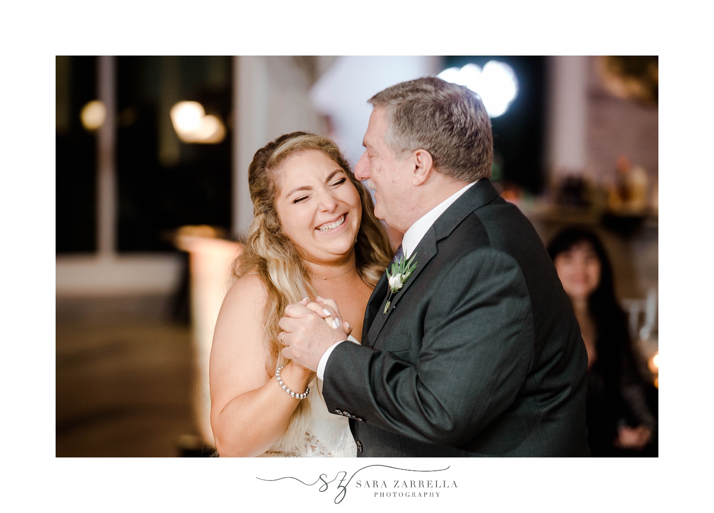dad laughs with bride during dance at Newport RI wedding reception