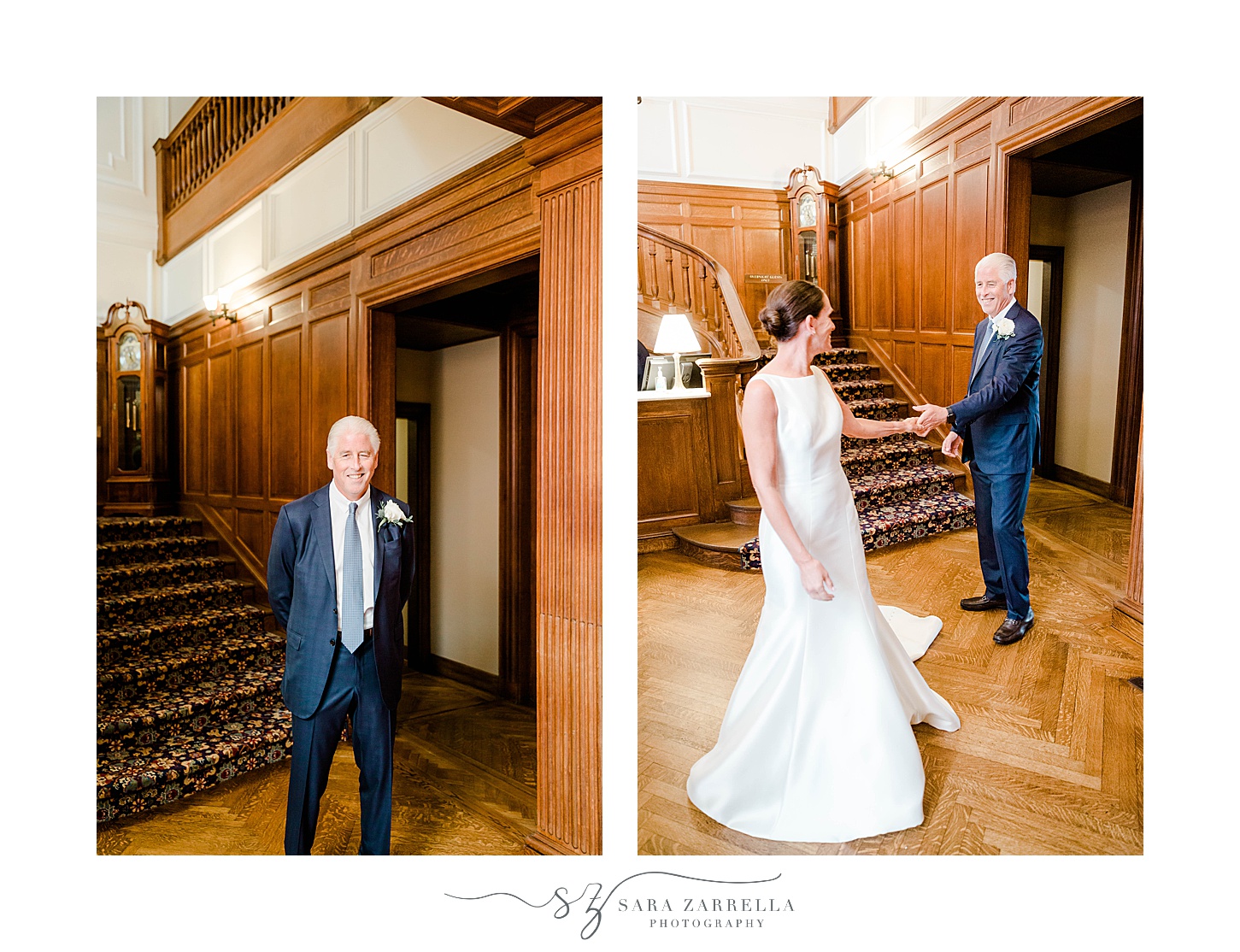bride and groom meet for first look on staircase at New York Yacht Club