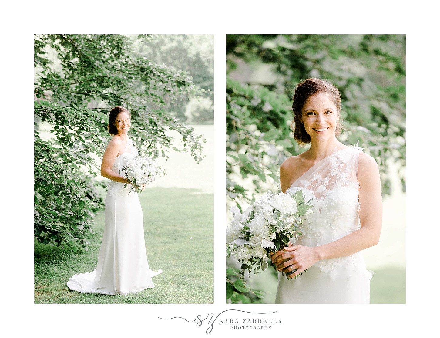 bride poses in one shoulder wedding gown at The Elms