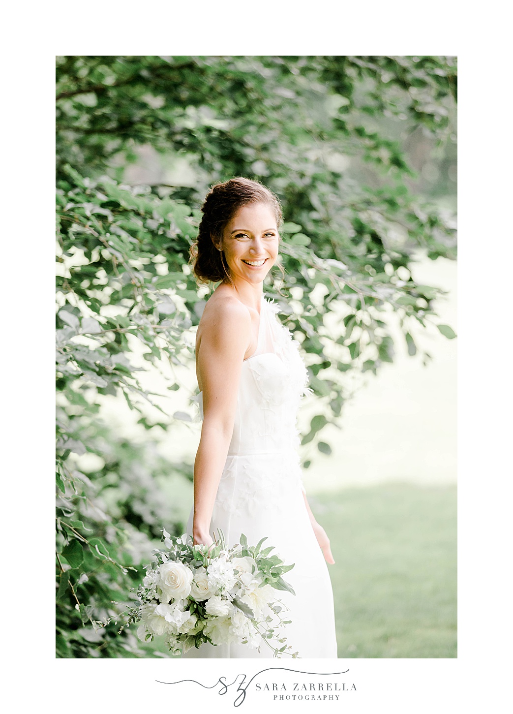 bridal portraits at The Elms for woman in one shoulder dress