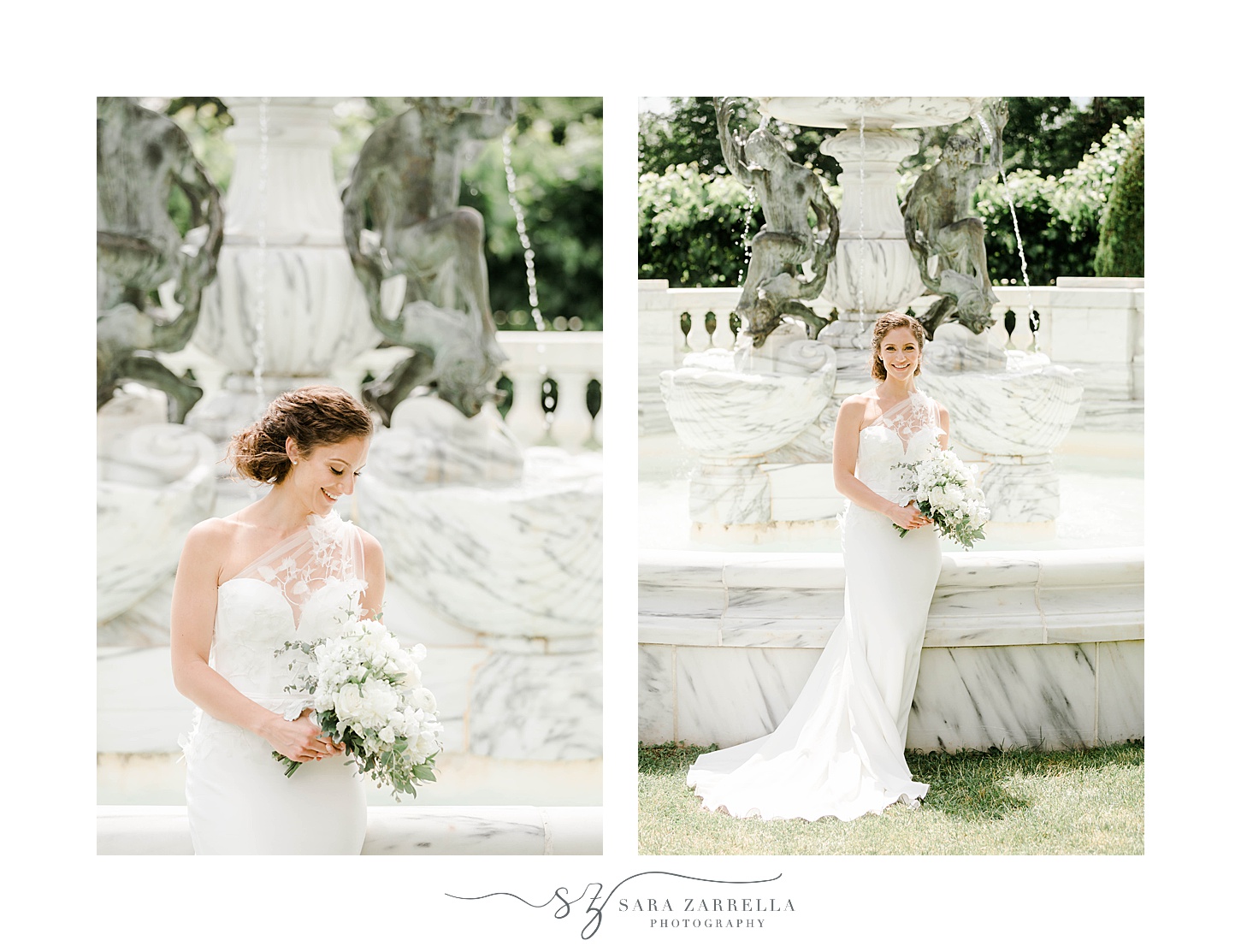 bride poses by water fountain at The Elms