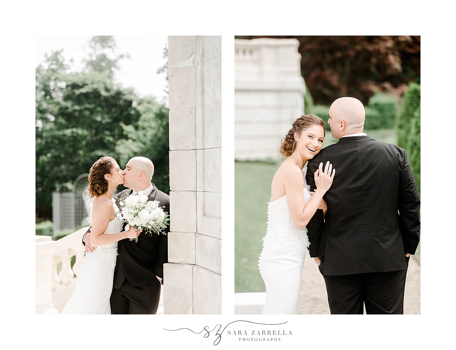 newlyweds hug along marble building at The Elms