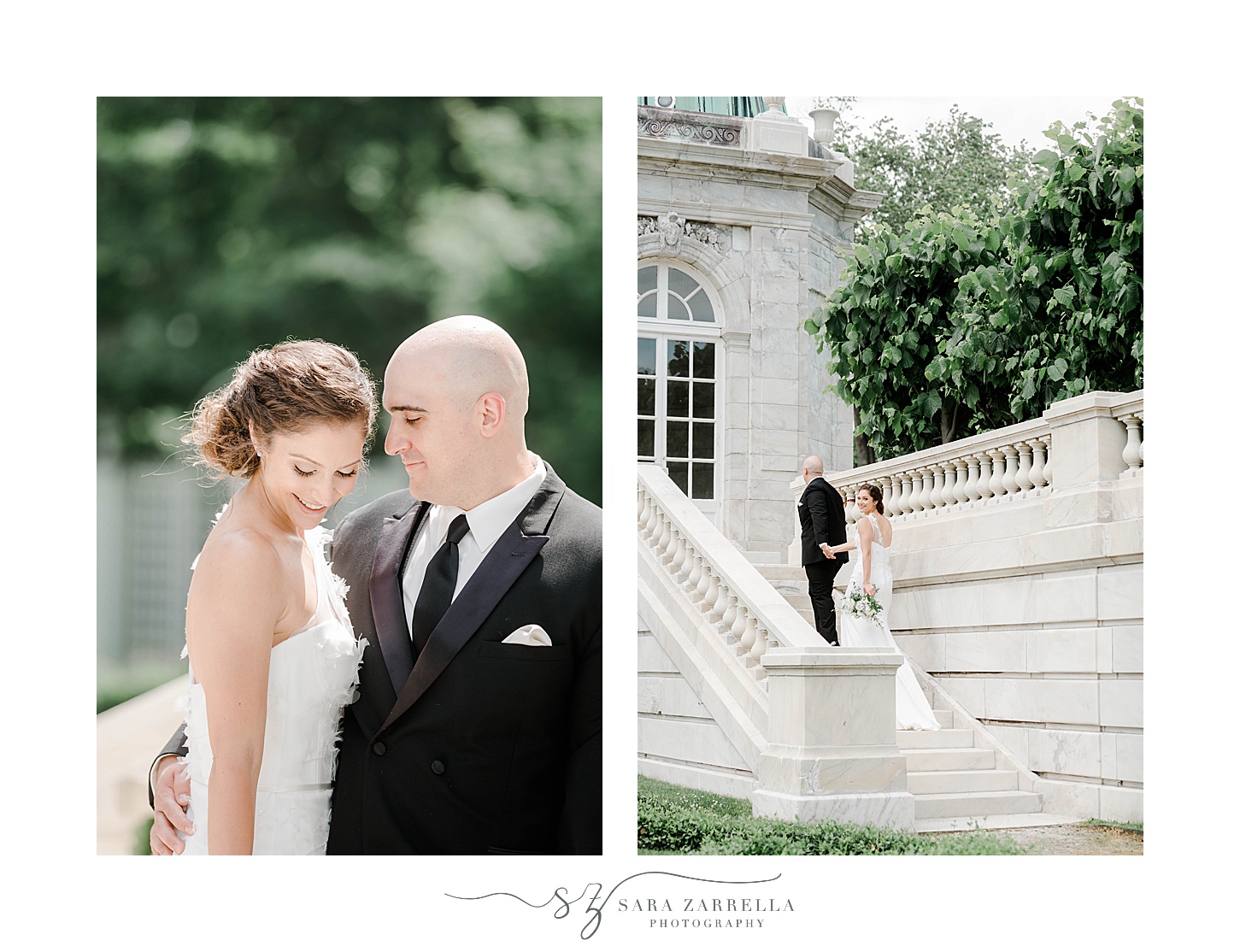 newlyweds stand on staircase at The Elms 