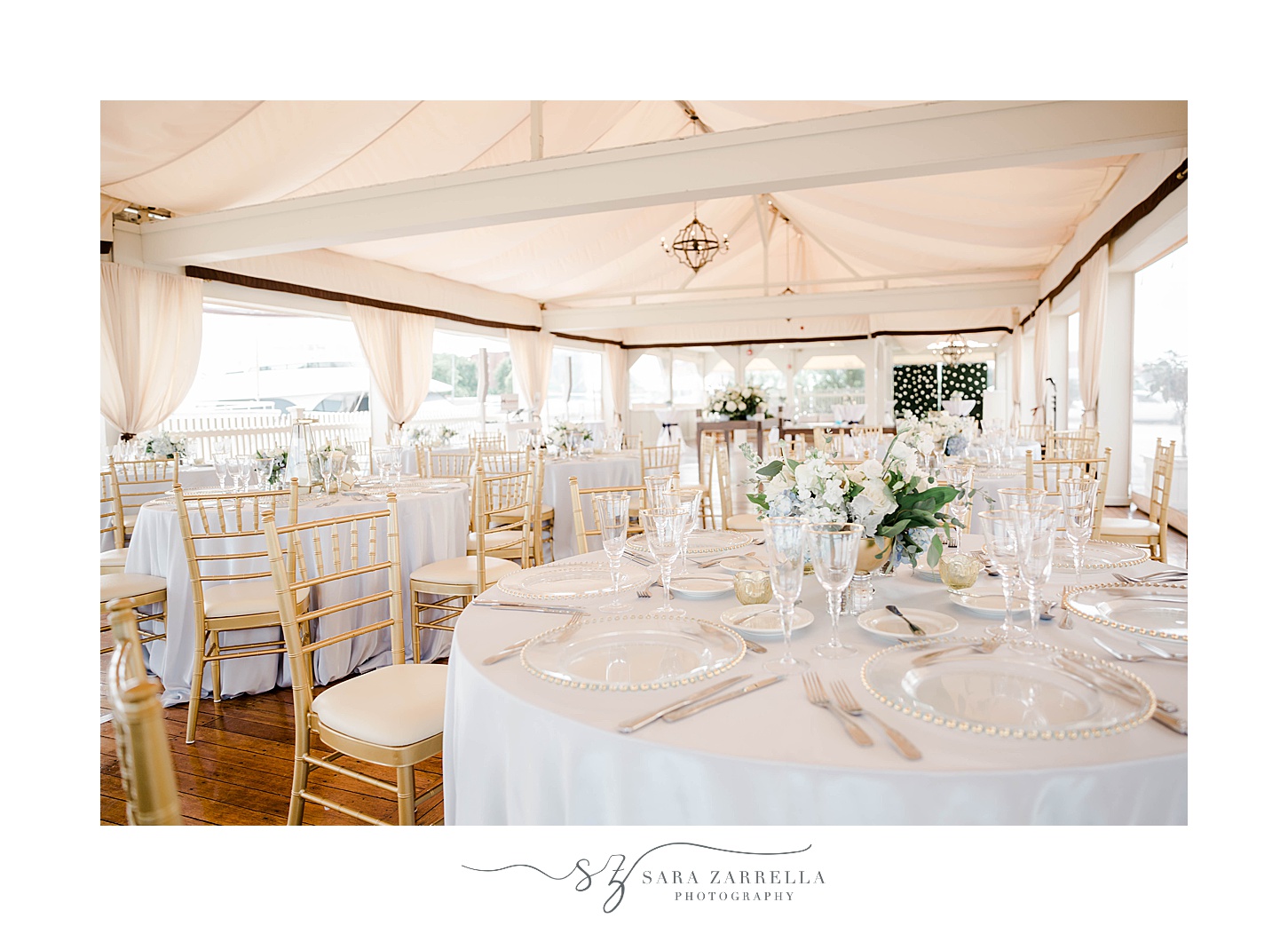Regatta Place wedding reception with white and gold details 