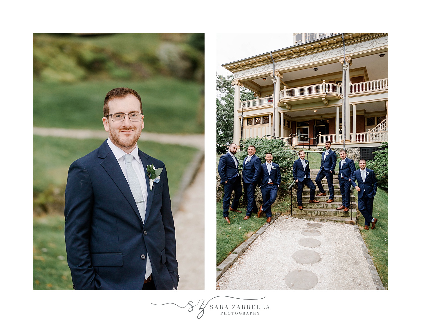 groom poses with groomsmen at Squantum Association