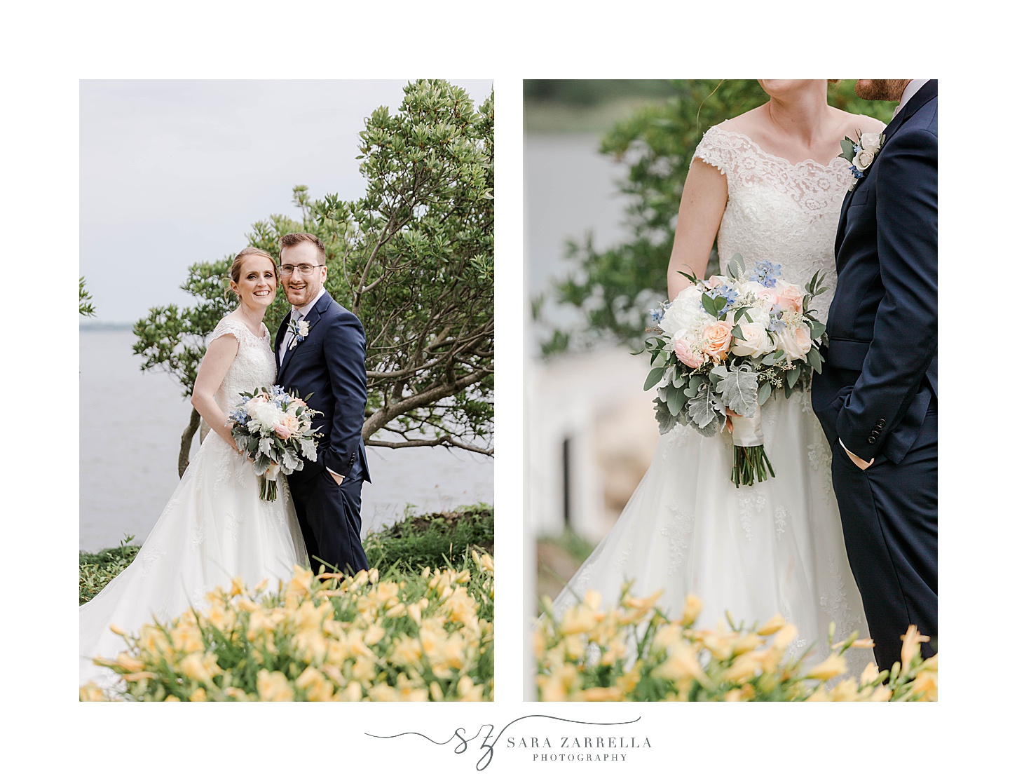 newlyweds pose among yellow flowers in Rhode Island 