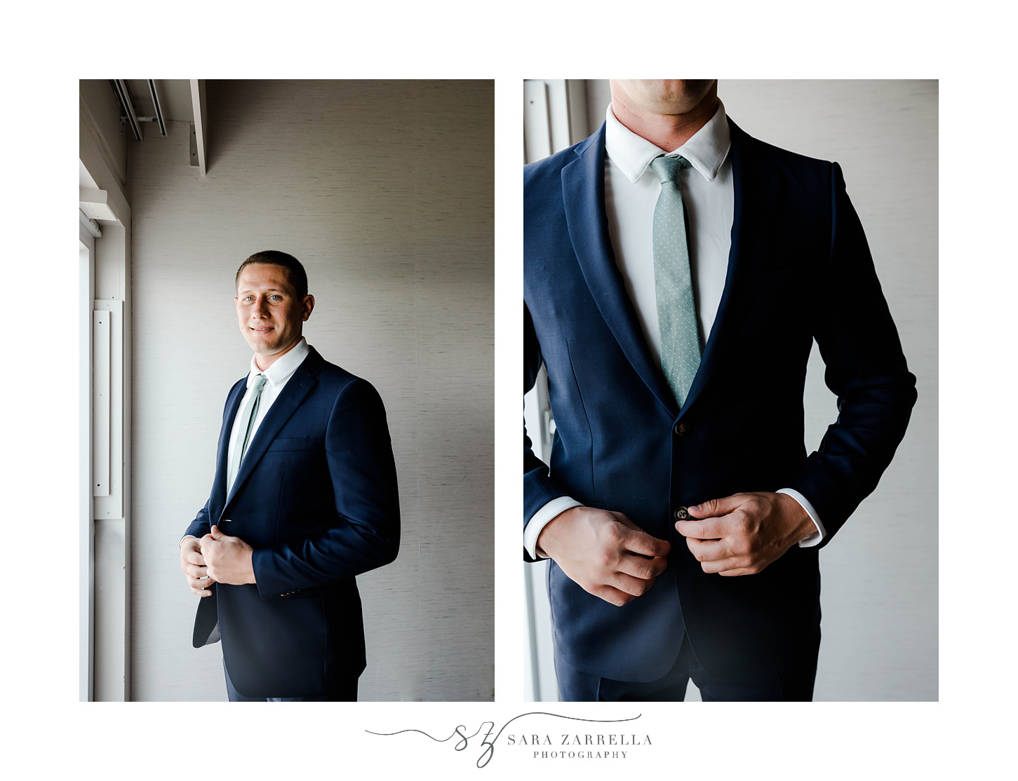 groom buttons up navy suit with skinny teal tie