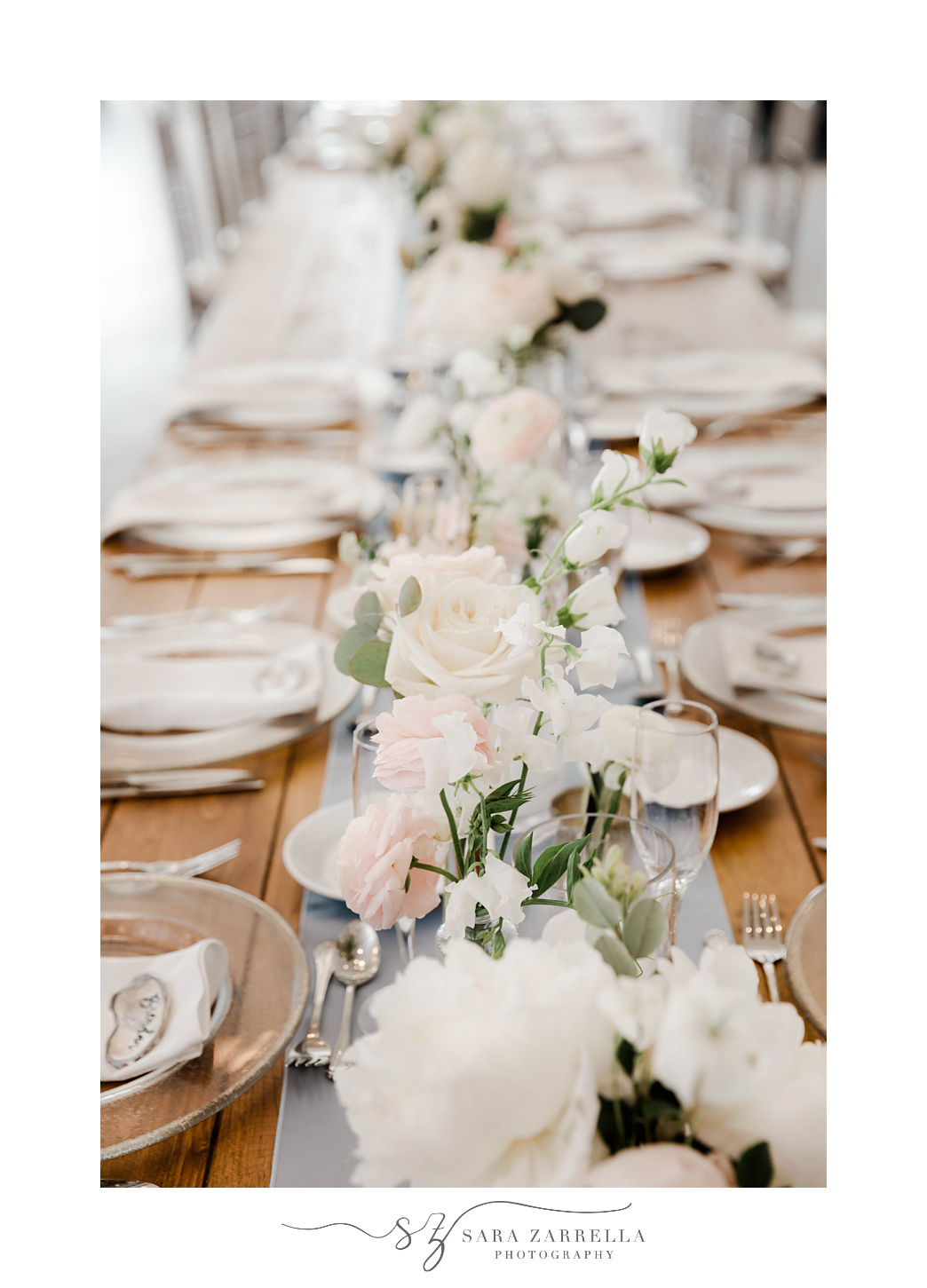 pale pink and white flower table runner at Gurney's Resort