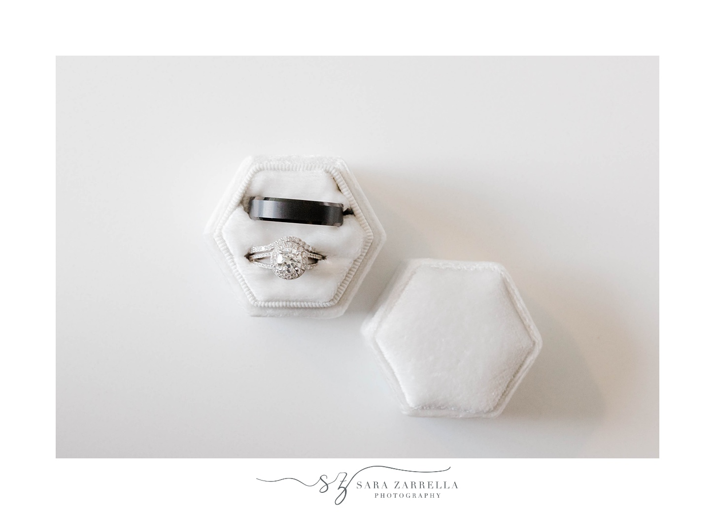 wedding rings rest in ivory box before Newport Beach House wedding
