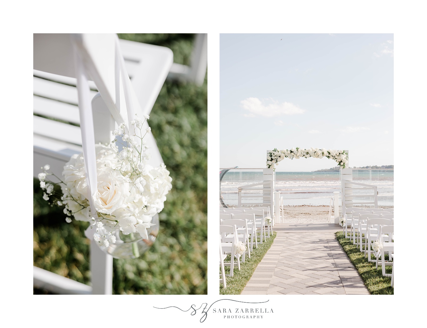 ceremony site at Newport Beach House with white arbor covered in white flowers