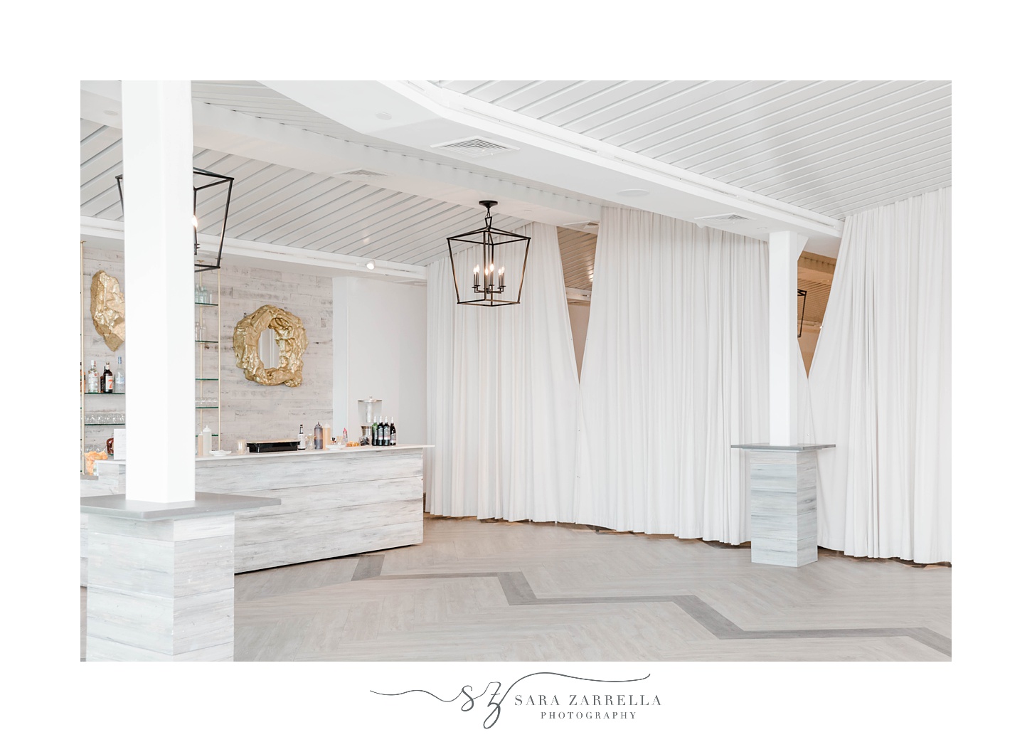 reception room with shiplap at Newport Beach House