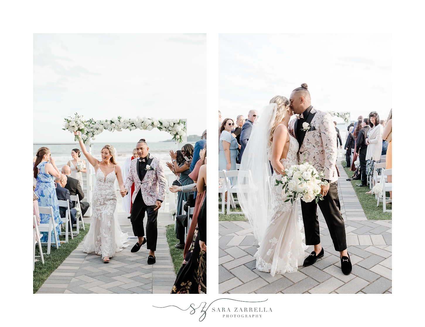 bride and groom kiss walking up aisle at Newport Beach House