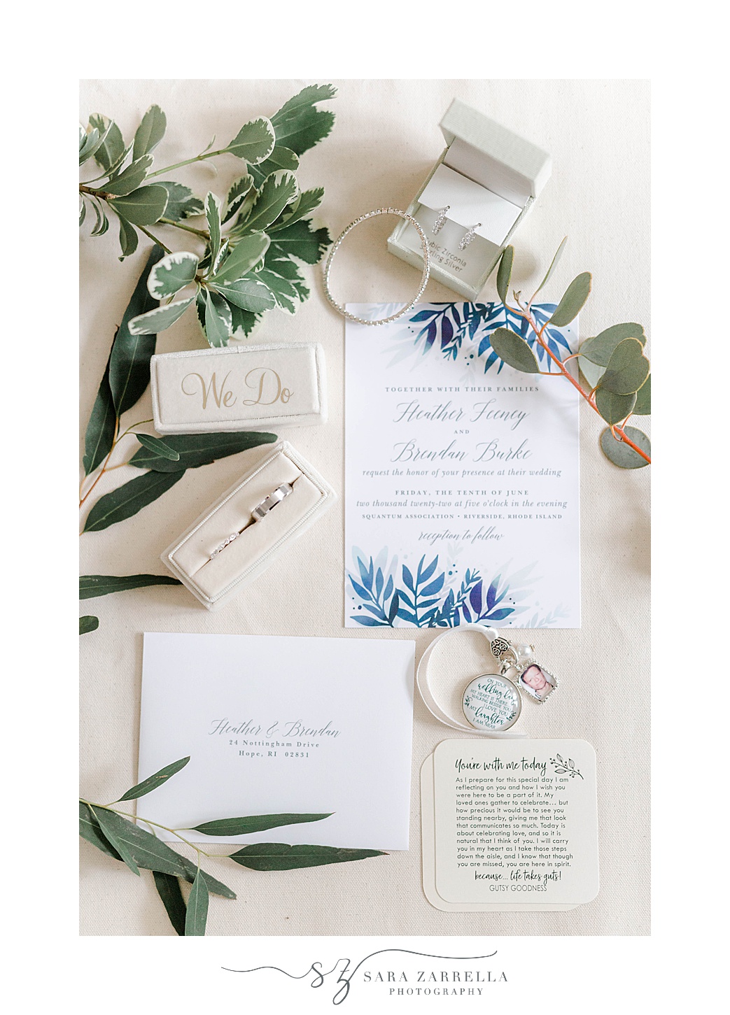 blue and white invitation suite for summer Squantum Association wedding