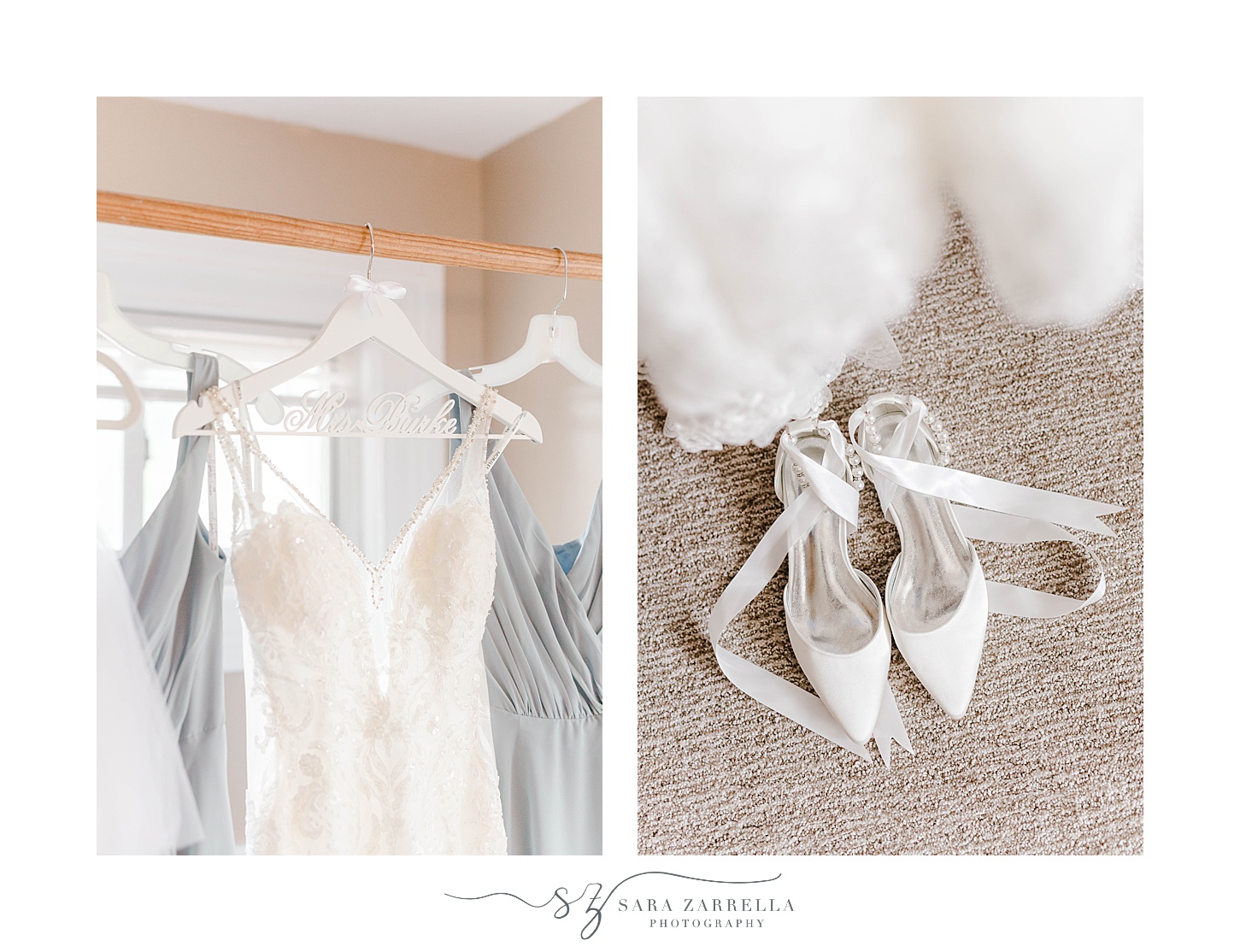bride's dress hangs in bridal suite at Squantum Association