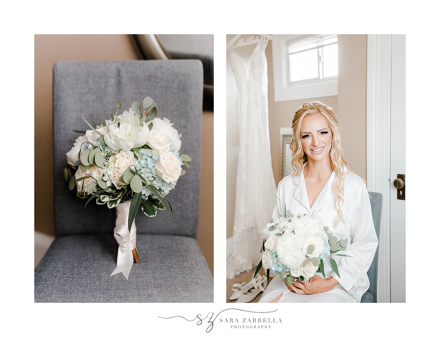 bride sits holding bouquet in bridal suite at Squantum Association