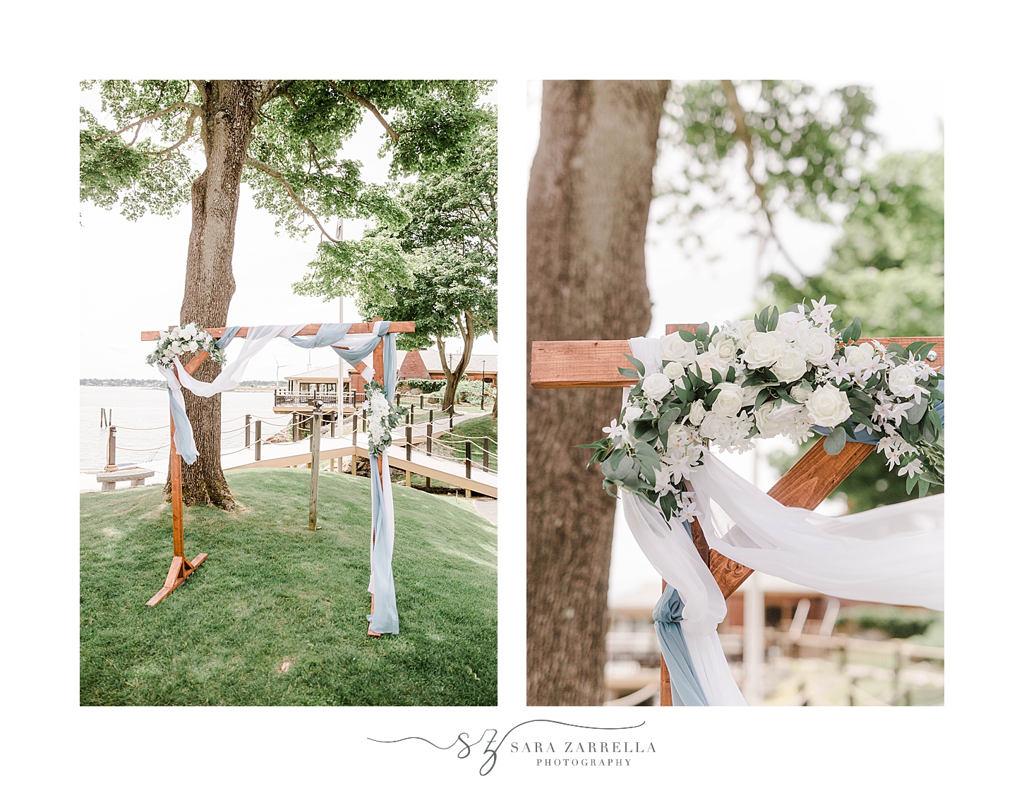 ceremony site with wooden arbor and white flowers
