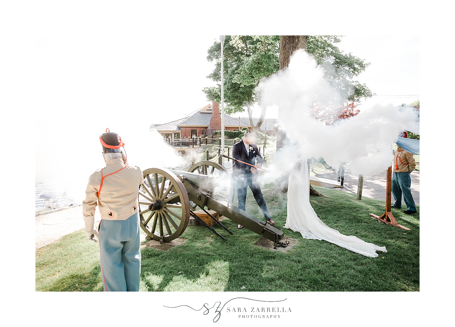 cannon fires during wedding ceremony at Squantum Association