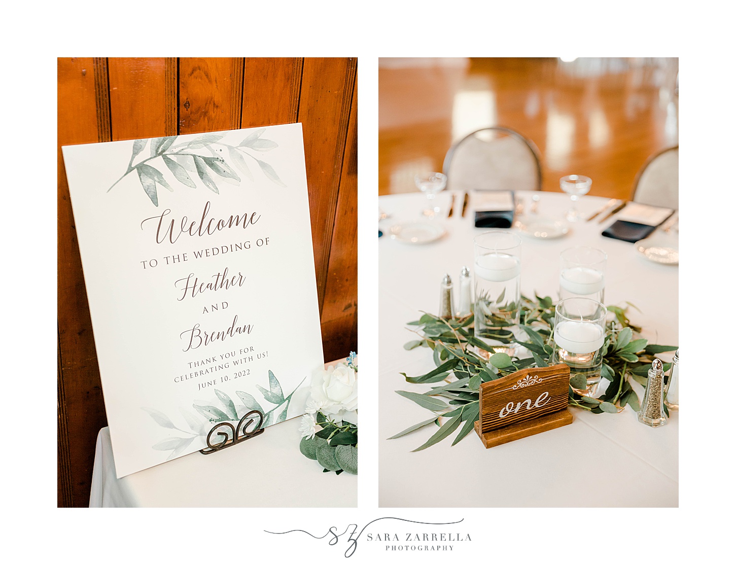 welcome sign and wooden centerpieces at Squantum Association