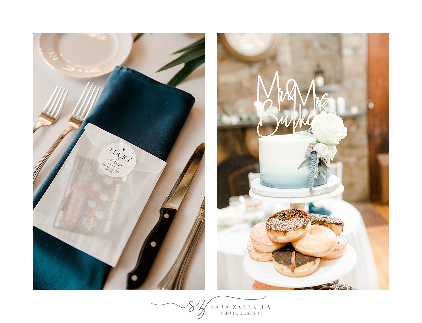 rustic wedding reception with navy and gold details at Squantum Association