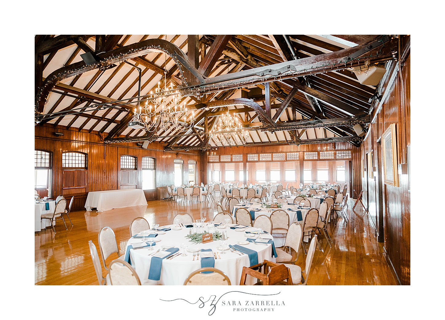 Squantum Association wedding reception with green, blue, and gold details 