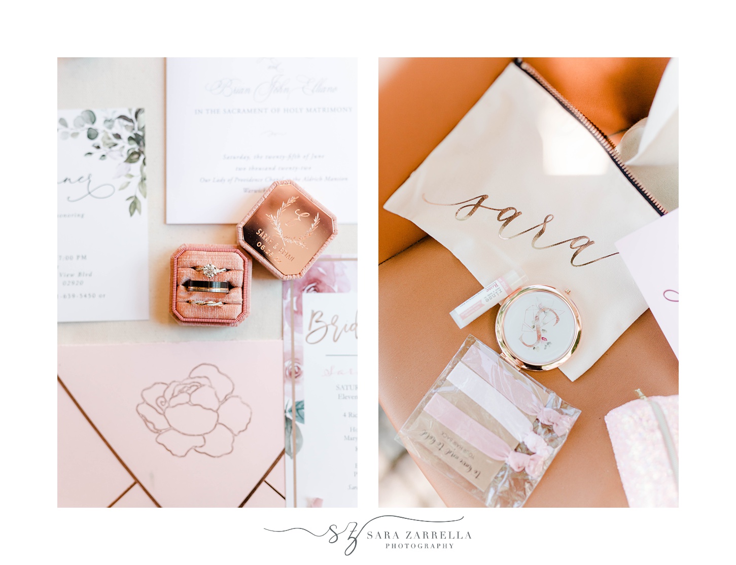bride's details and pink invitations for summer wedding