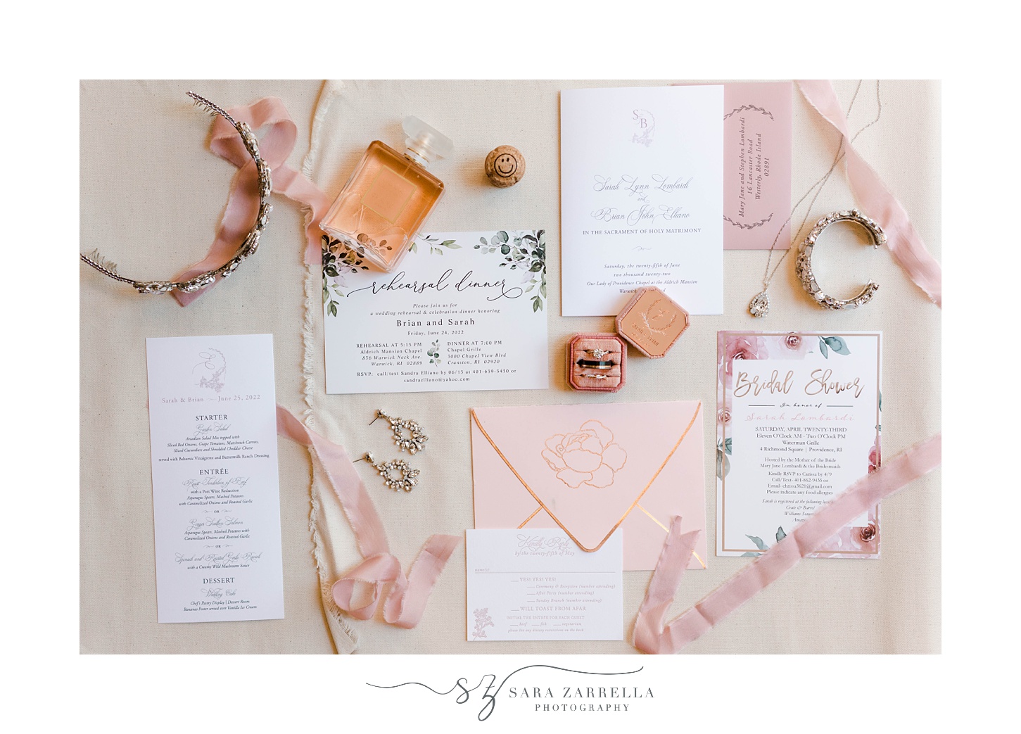 pastel pink and green invitation suite for RI wedding day