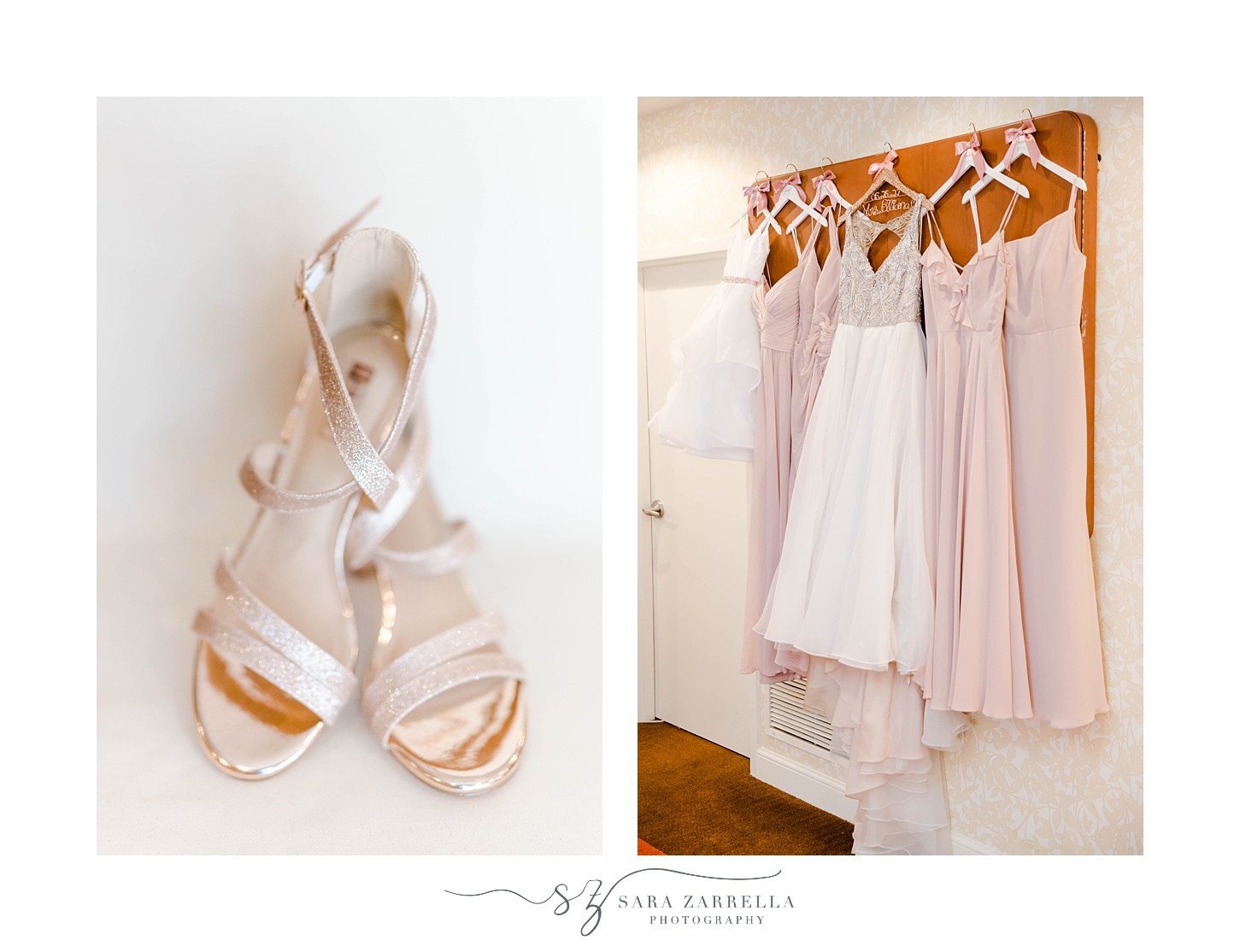 bride's dress hangs with bridesmaids' pink dresses