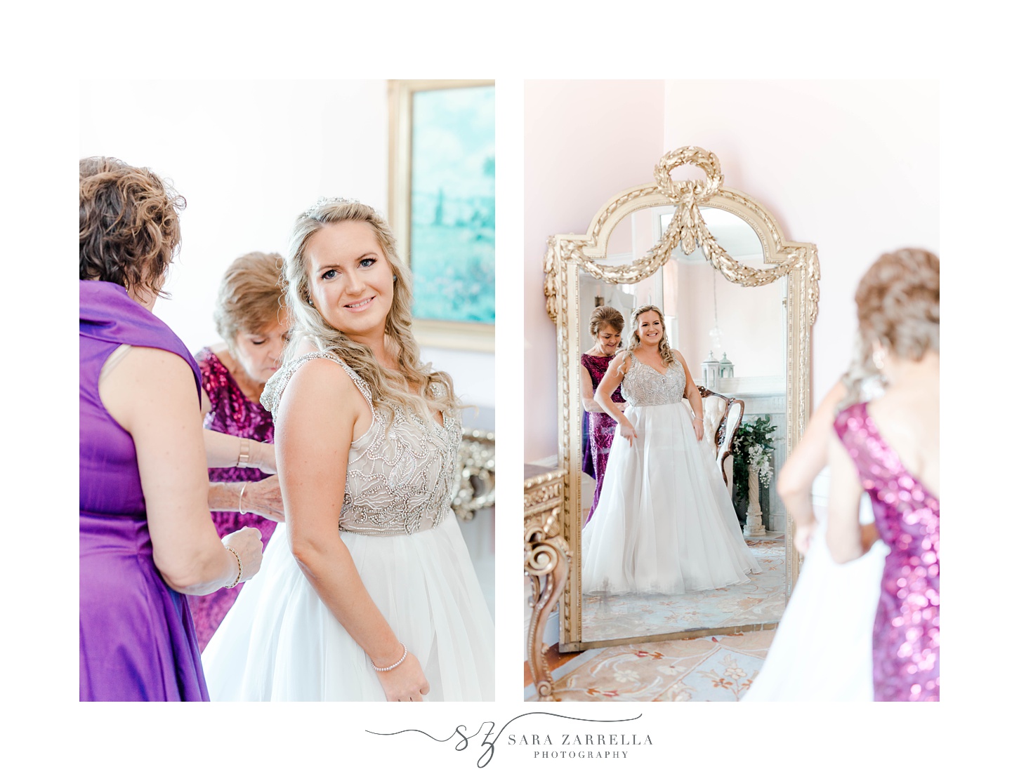 bride prepares for Aldrich Mansion wedding with mother