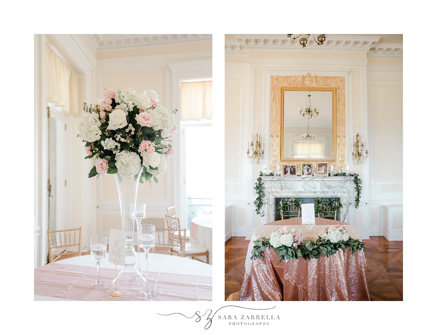 pink and ivory floral centerpieces for Aldrich Mansion wedding reception 