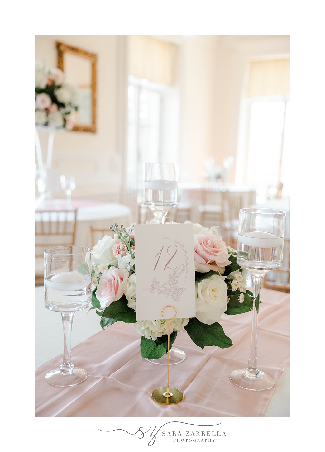 pink and white rose centerpieces for RI wedding reception
