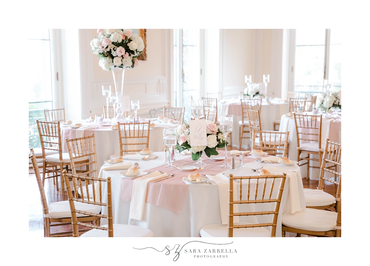 elegant pink and white details for mansion wedding reception 