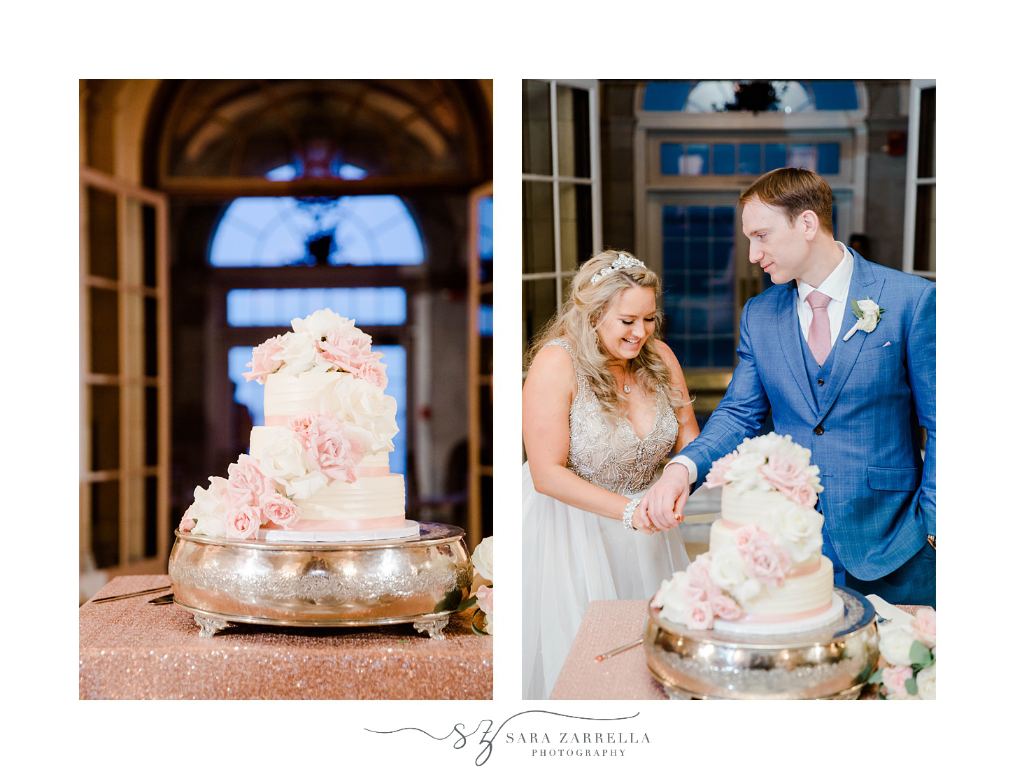 newlyweds cut wedding cake with pink and ivory flowers 
