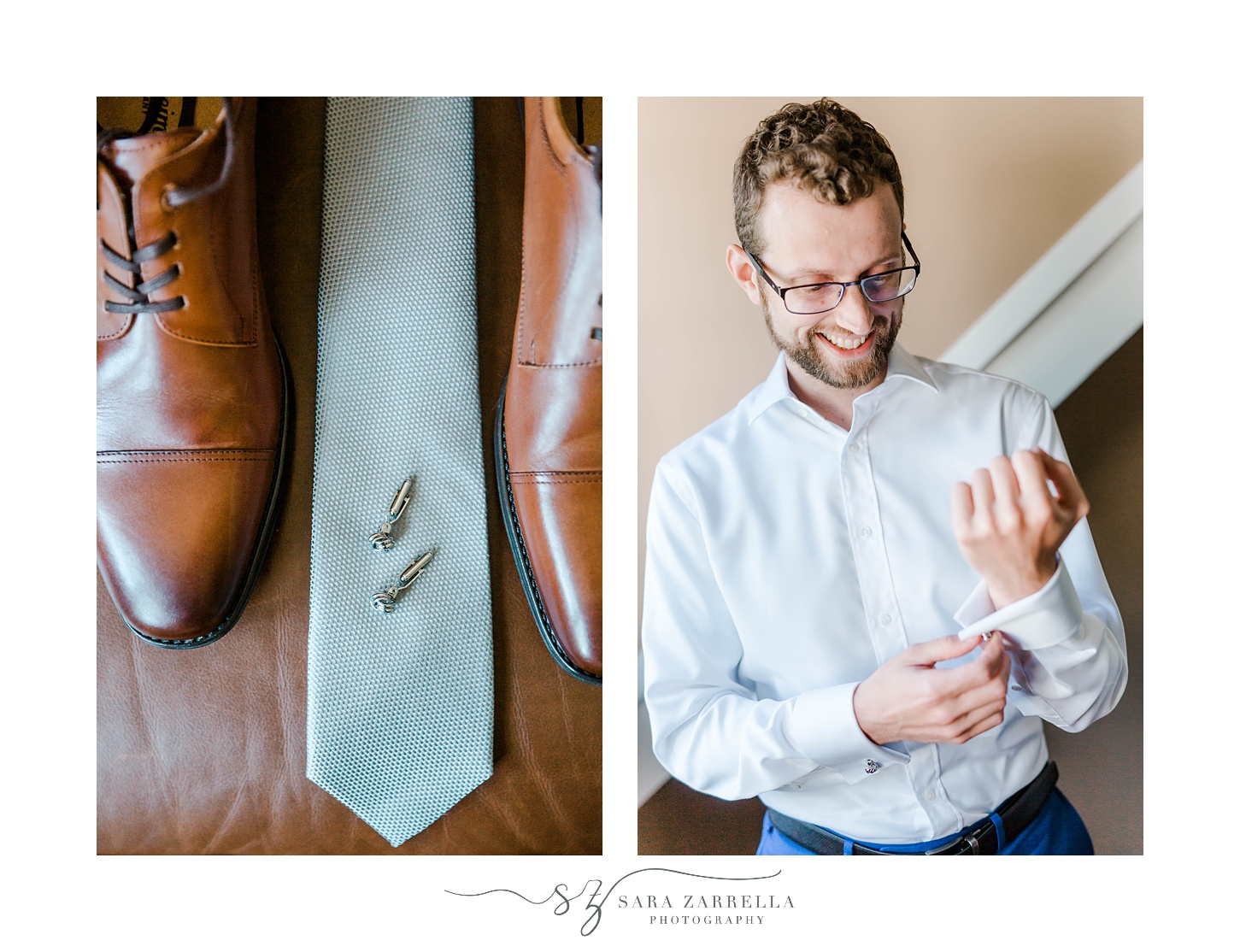 groom adjusts cufflinks before Castle Hill Inn wedding