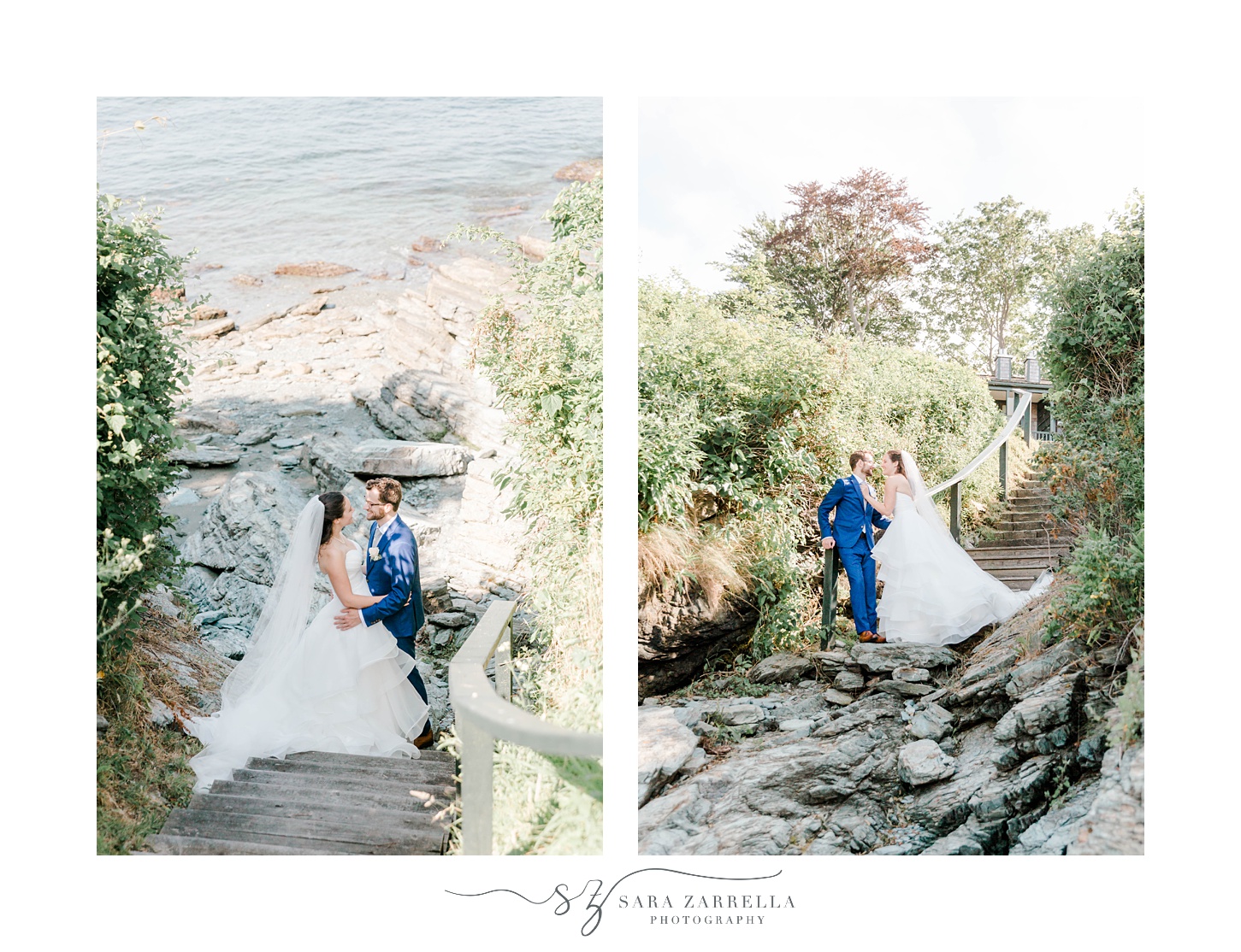 newlyweds stand on stone staircase at Castle Hill Inn