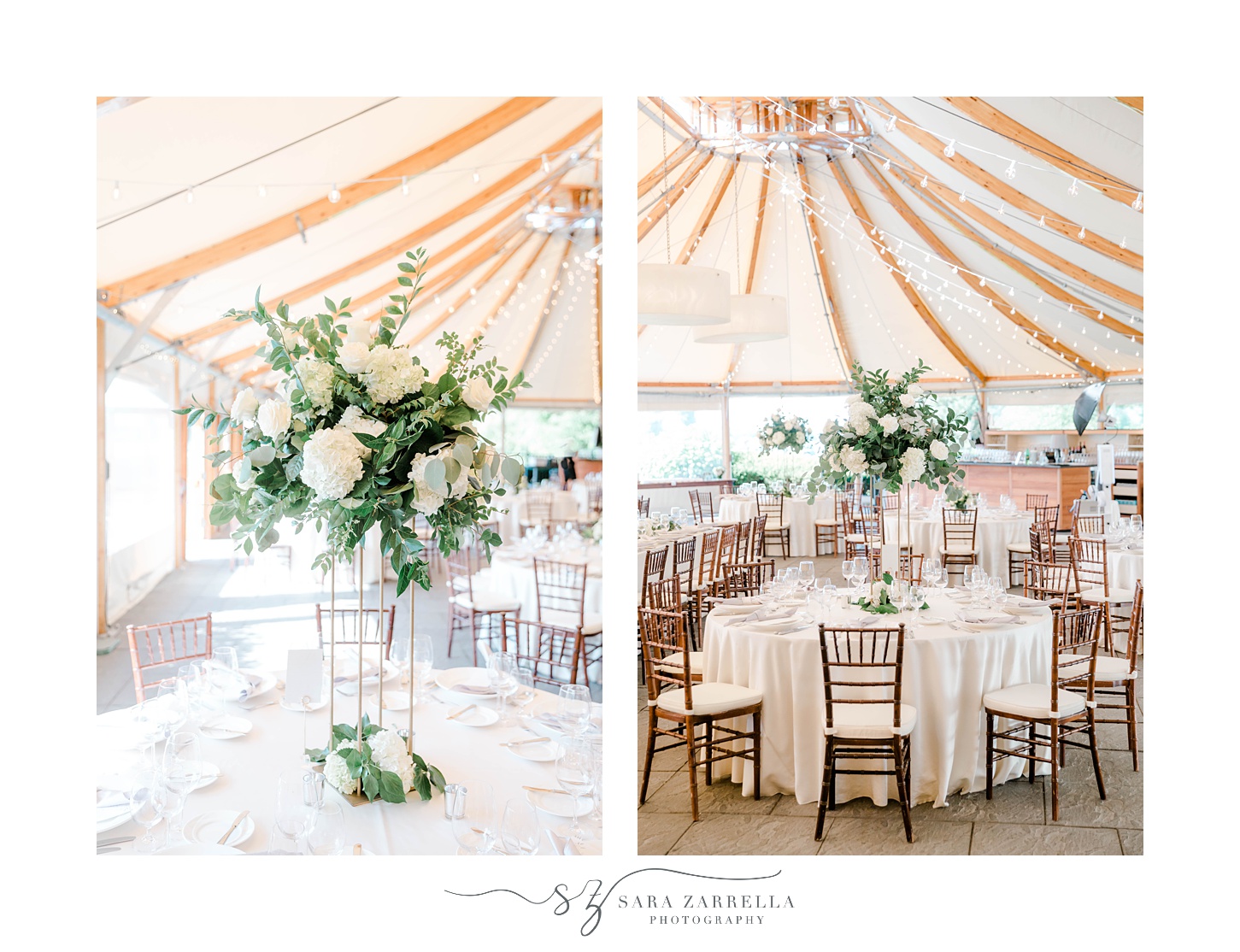 tented wedding reception with white details at Castle Hill Inn
