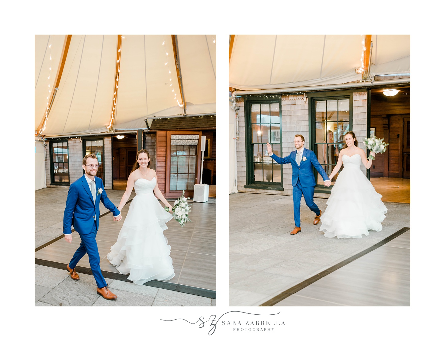 bride and groom dance into wedding reception at Castle Hill Inn