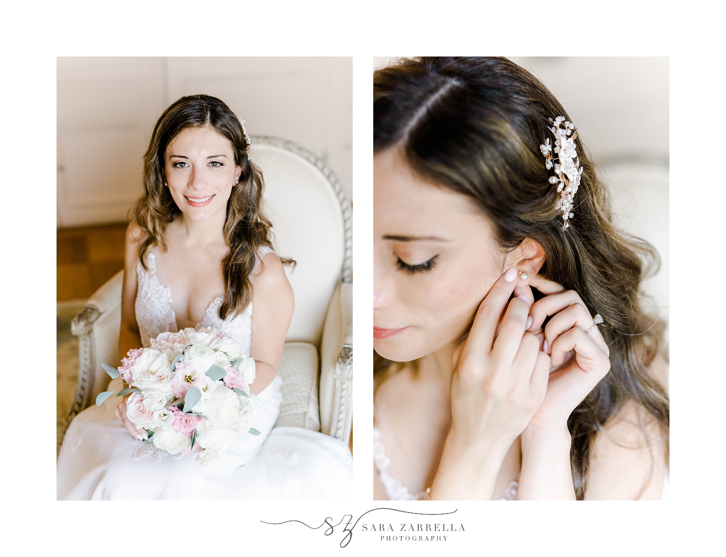 bride sits in chair holding bouquet and adjusting earring 
