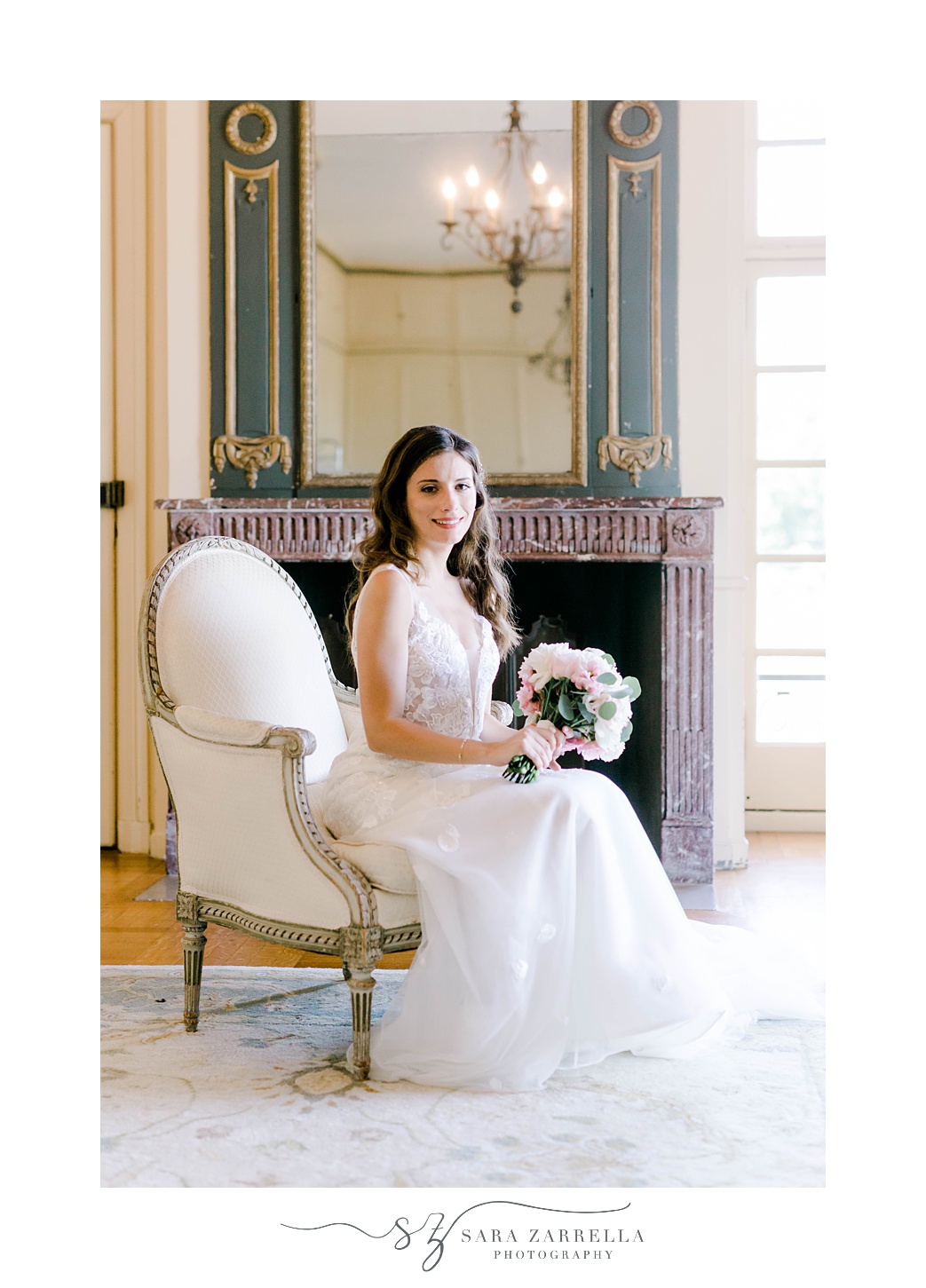 bride sits in white chair during Glen Manor House wedding portraits 