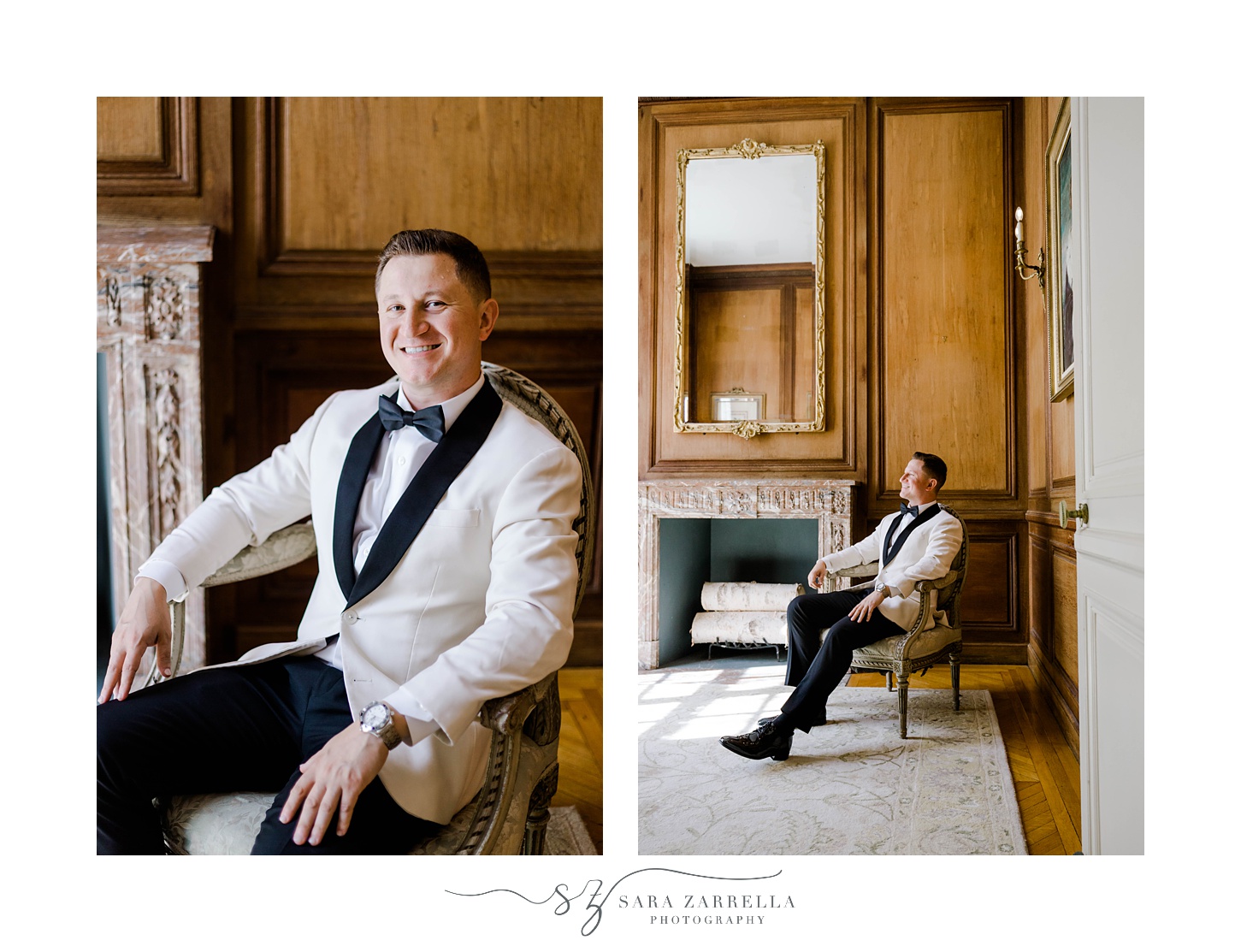 groom sits in tall chair in study at Glen Manor House