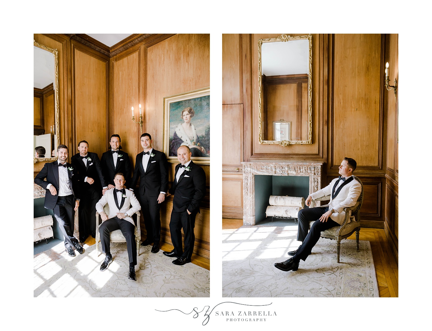 groom poses with groomsmen in study at Glen Manor House