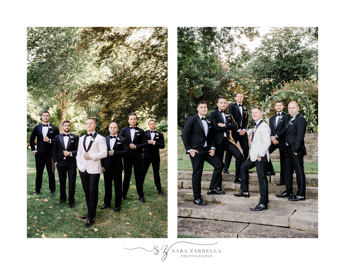 groom poses with groomsmen in classic tuxes on stone steps at Glen Manor House