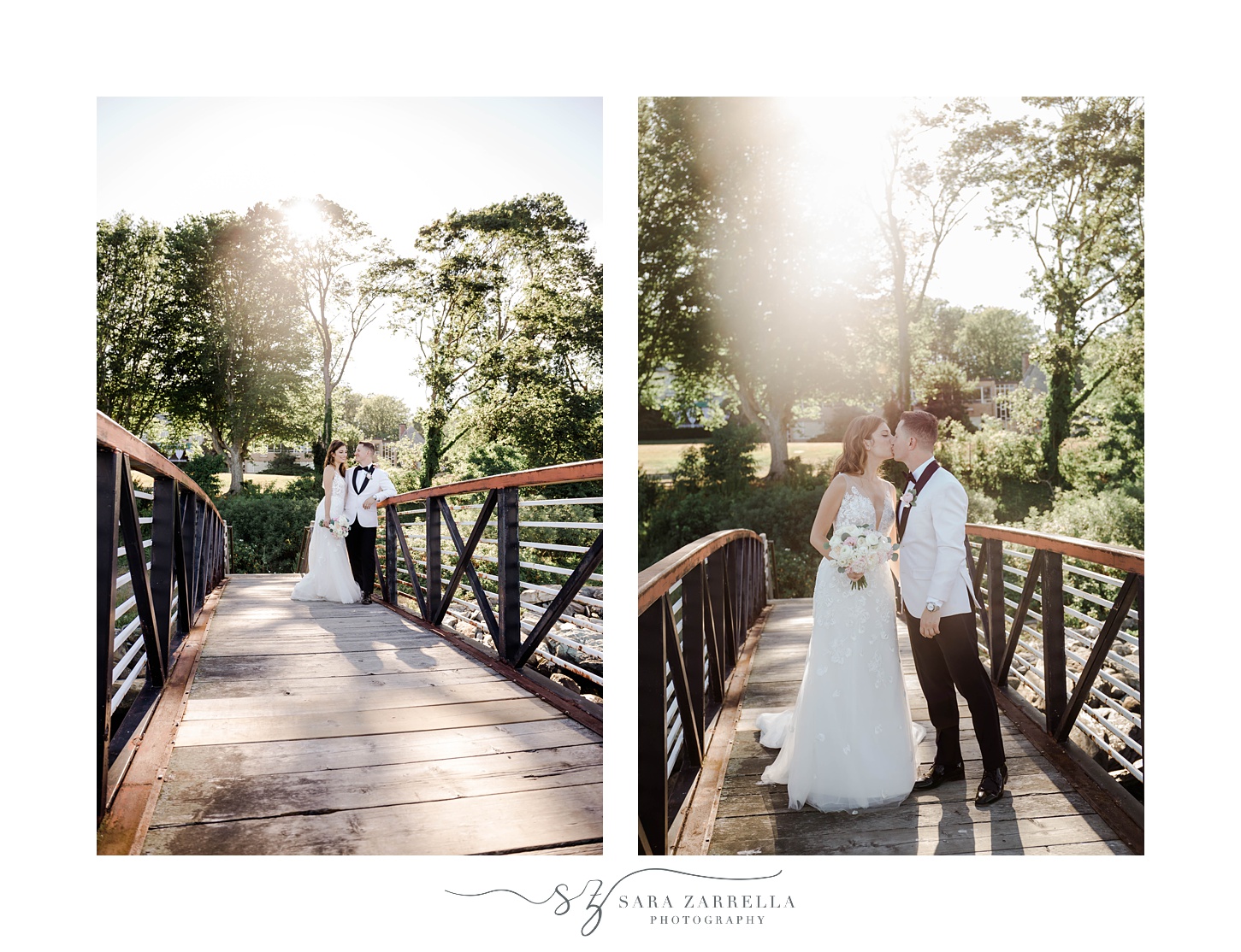 bride and groom stand on wooden bridge at Glen Manor House