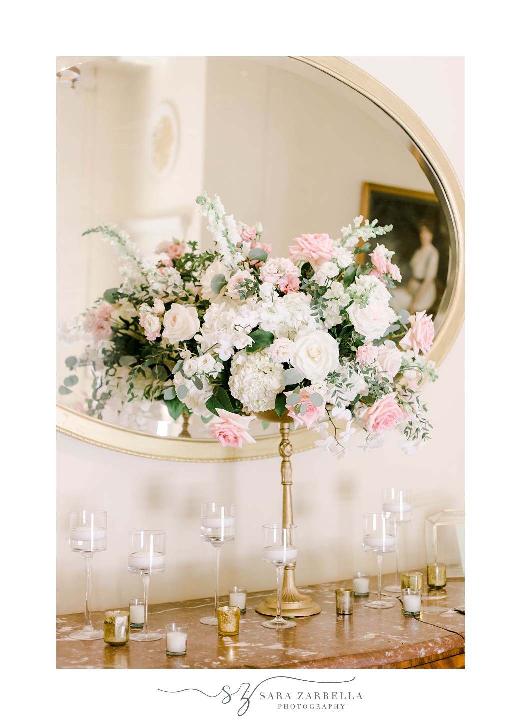 tall floral arrangement of white and pink flowers at Glen Manor House