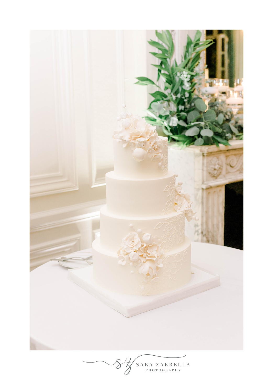 tiered wedding cake with textured details 