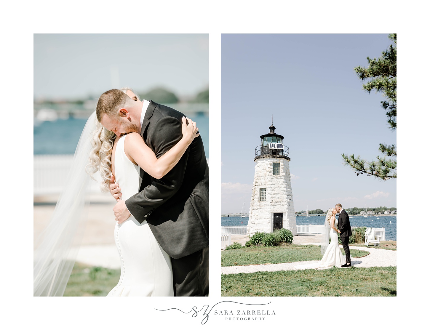 bride and groom hug near lighthouse in Newport RI