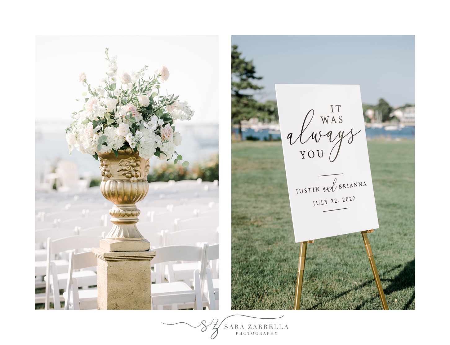 ceremony details and welcome sign at Gurney’s Newport Resort