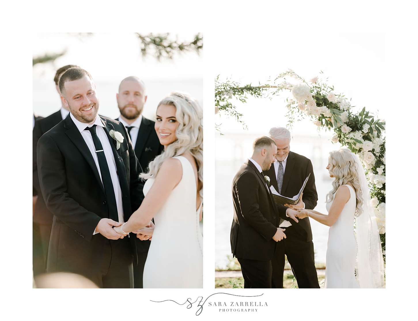 bride and groom exchange vows by floral arch