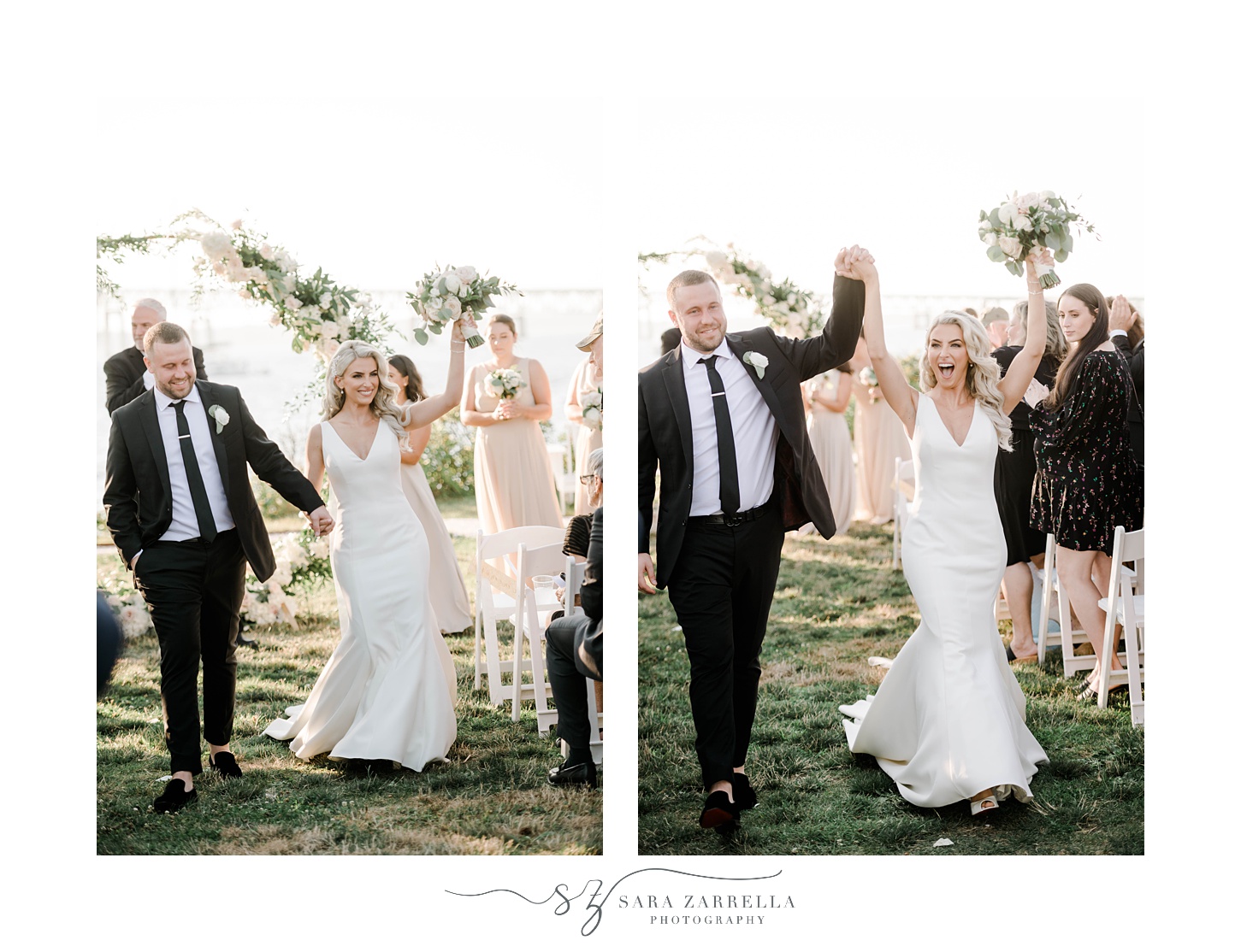 bride and groom cheer leaving ceremony at Gurney’s Newport Resort
